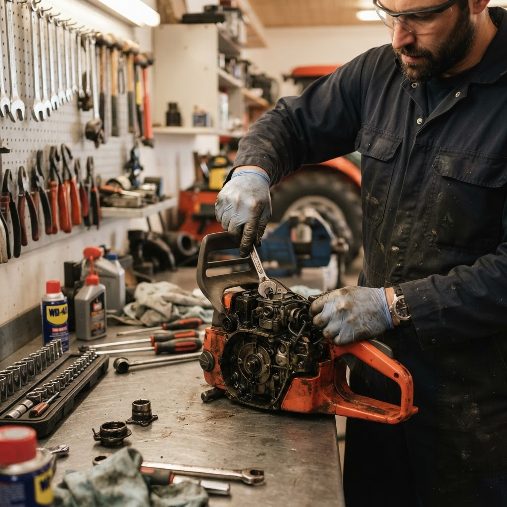 Técnico realizando manutenção do motor de uma motosserra em bancada de oficina